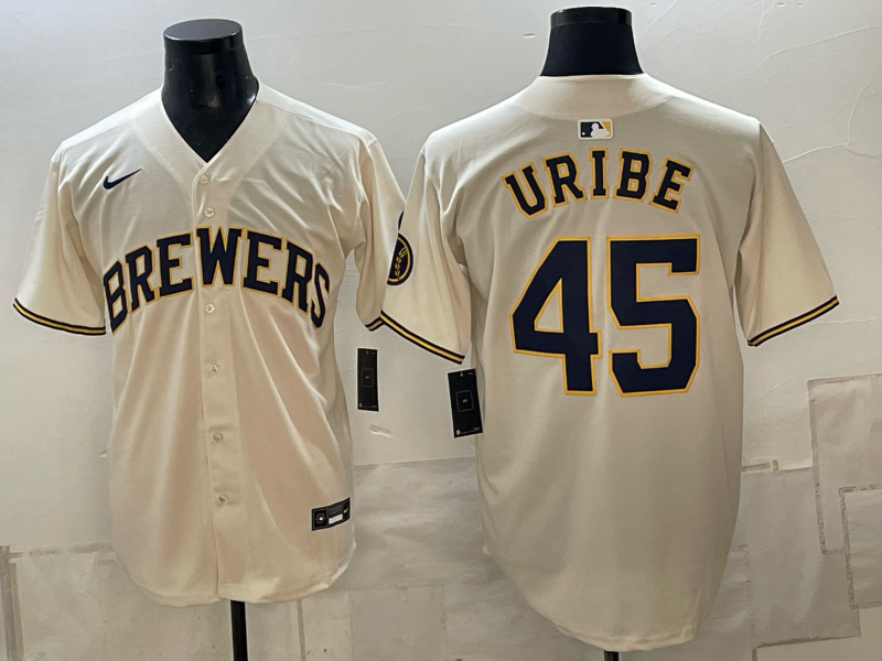 Men 2026 Milwaukee Brewers #45 Uribe cream Game Nike MLB Jersey 101601